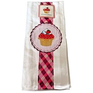 Kitchen Dish Towel White Strawberry Cupcake Flour Sack Applique Plaid Polka Dot